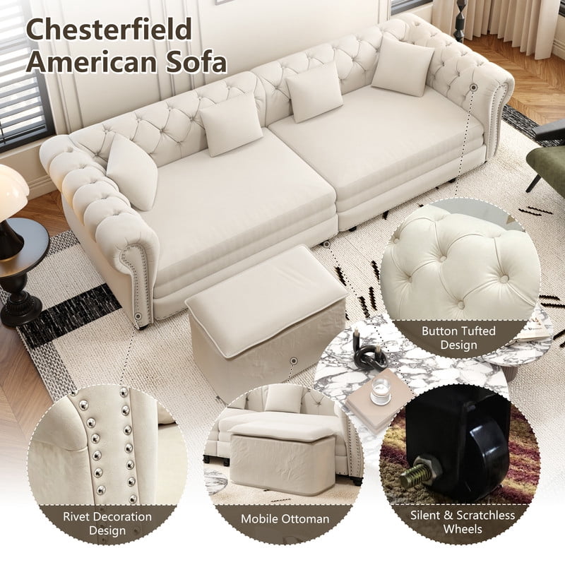 3-in-1 Pull-Out Sofa Bed, 89'' Chesterfield Sofa, Convertible Sleeper Sofa Bed, King Size Sofa Bed, Chaise Lounge, Tufted Design Velvet 3-Seater Sofa with Movable Ottoman
