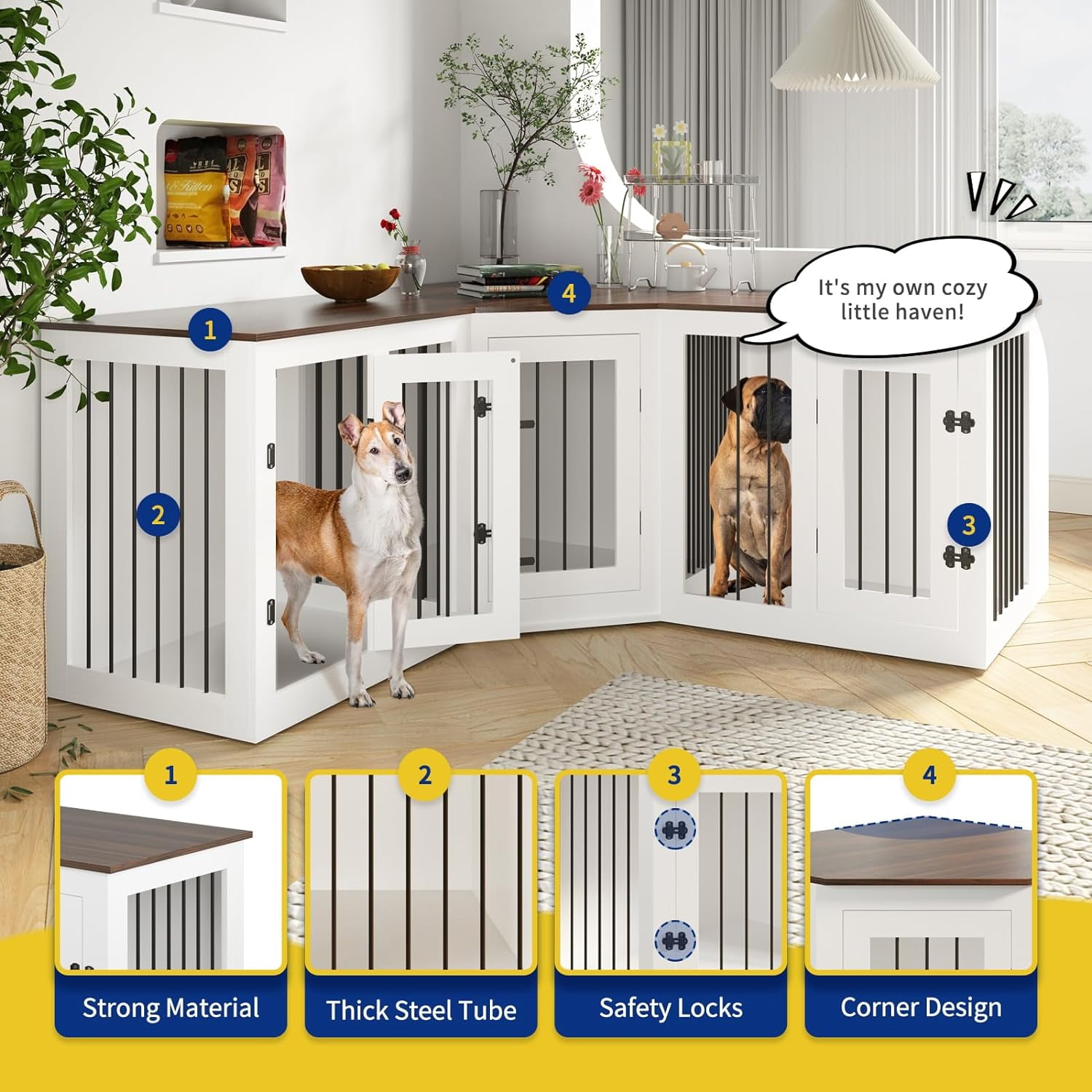 Large Dog Crate Furniture for 3 Dogs, Cuoote 113" Corner Dog Kennel, 3-in-1 Heavy Duty Indoor Wooden Crate for Small, Medium & Large Dogs