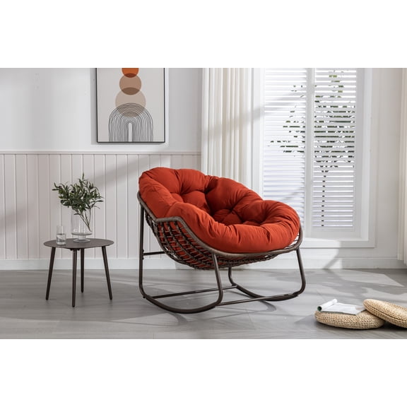 Miekor Furniture Outdoor Rattan Rocking Chair,Padded Cushion Rocker Recliner Chair Outdoor for Front Porch, Living Room, Patio, Garden, Orange 05284