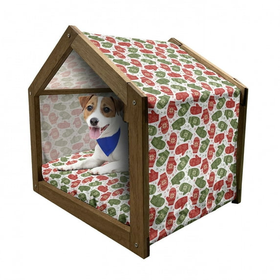 Christmas Pet House, Xmas Theme Winter Mitten with Snowflakes and Nordic Roses Print, Outdoor & Indoor Portable Dog Kennel with Pillow and Cover, 5 Sizes, Green Red and White, by Ambesonne