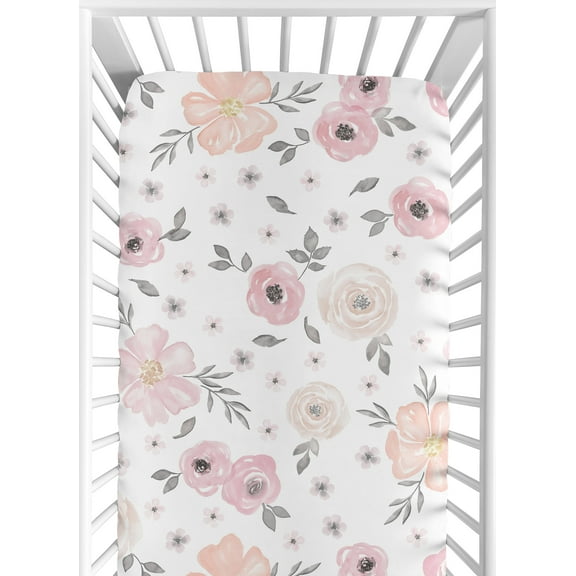 Sweet Jojo Designs Watercolor Floral Pink Grey and White Fitted Crib Sheet