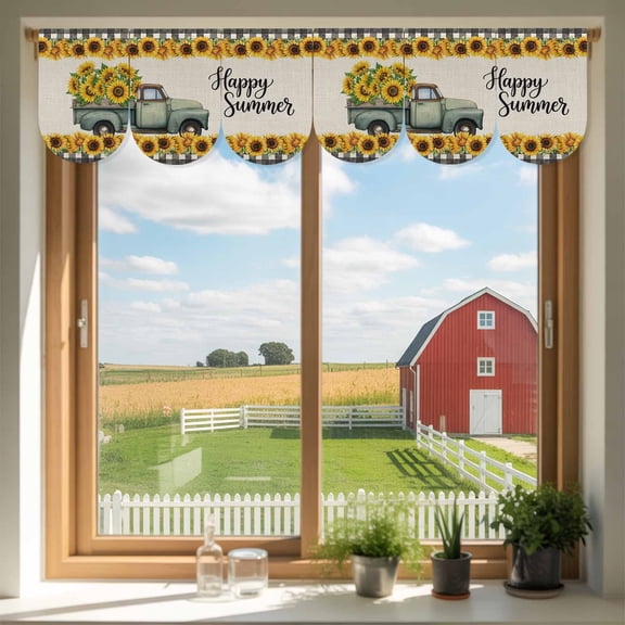 Summer Truck Sunflower Door Banner Country Farm Yellow Flower Leaf Linen Plaid Small Scalloped Hanging Banner for Door, Hanging Flag Backdrop Decoration for Wall Window Party 3pcs, 8 x 12 Inch