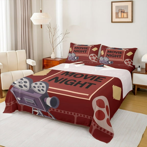 Manfei Teens Cinema Trictet Twin Sheet Sets, Filmstrip Movie Night Twin Fitted Sheet, Retro Theater Theme Flat Sheet, Luxury Bedroom Decor, 3 Pieces