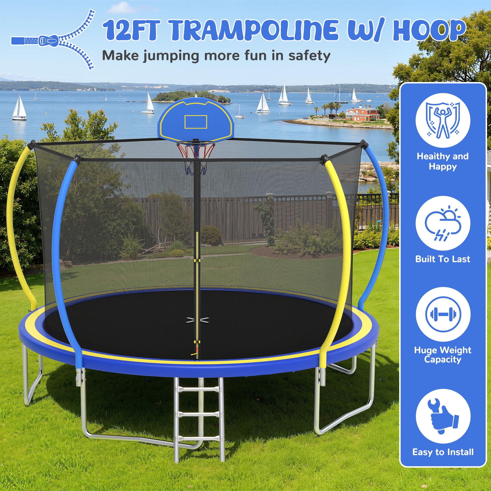 12FT Trampoline for Kids - Seizeen Round Trampoline W/ Enclosure Net & Hoop, Outdoor Colorful Trampoline with Waterproof Cover & Ladder