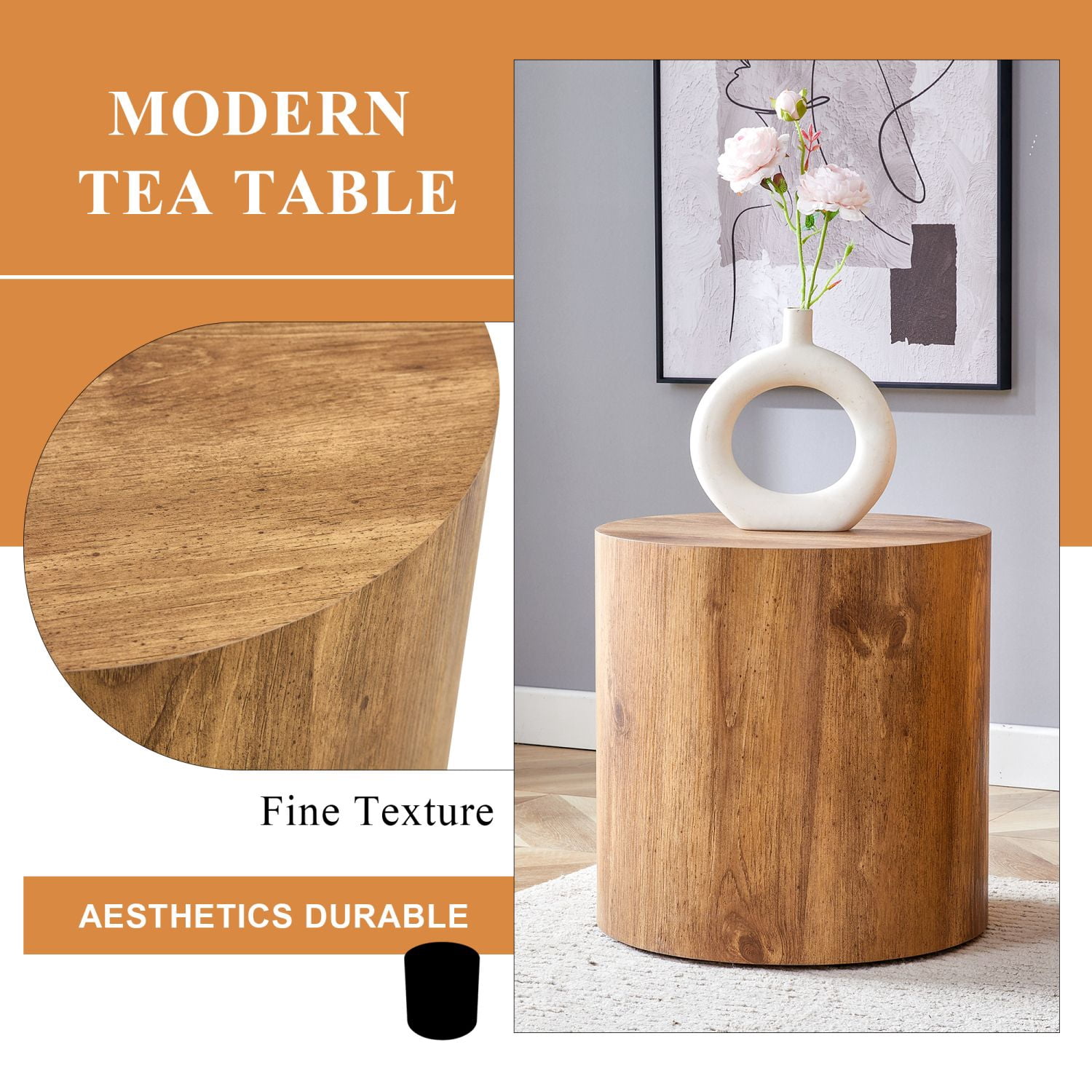 Cylindrical Patterned Accent Table, 15.7 in Round MDF Side Table for Living Room, Coffee Table, Small Dining Table, or Workbench