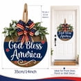thumbnail image 2 of 3D God Bless America Patriotic Wooden Door Hanger, 14 in Round Front Door Sign with Bow & Greenery, 4th of July Memorial Day Porch Wall Decor, Two-Tone Rustic Woodgrain Style, 2 of 9