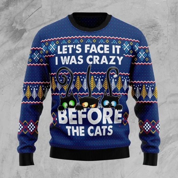 Crazy Cat Ugly Christmas Sweater for Unisex, Funny Kitty Holiday Pullover, Cute Cat Lover Xmas Sweater Gift, Festive Pet Outfit