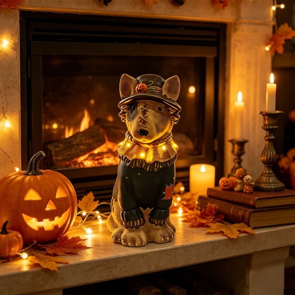 Lighted Scarecrow Bull Terrier Halloween Blow Mold, 8", Cute Puppy Pumpkin Hat Halloween Decor, Resin Ornament for Patio Yard Tabletop Home Decoration