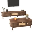 thumbnail image 3 of 2pcs TV Stand and Coffee Table Set, Walnut-Color Living Room Furniture with Sliding Doors, Woven-Style Drawer, Rounded Edge Storage Design, 3 of 15