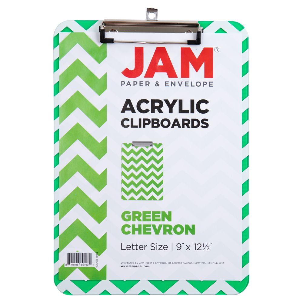 JAM Paper Plastic Clipboard, 9 x 12.5, Green Chevron, 1/Pack