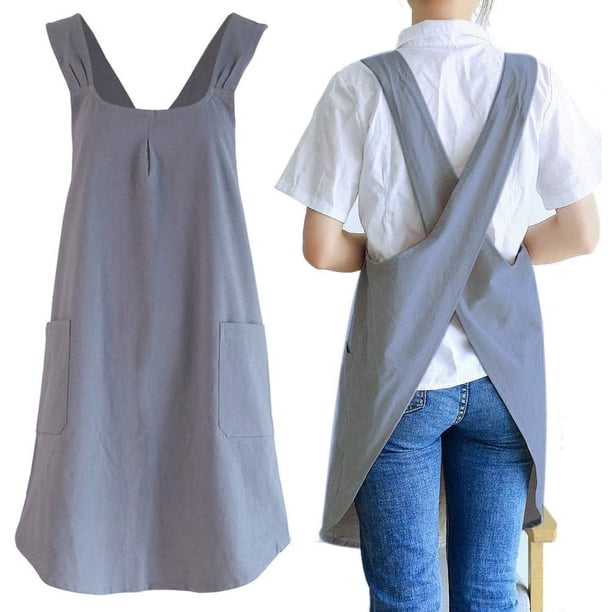 Delantal de Cocina Algodón Lino Japonés Espalda Cruzada con Bolsillos para Mujer y Hombre Uso en Cocina y Repostería