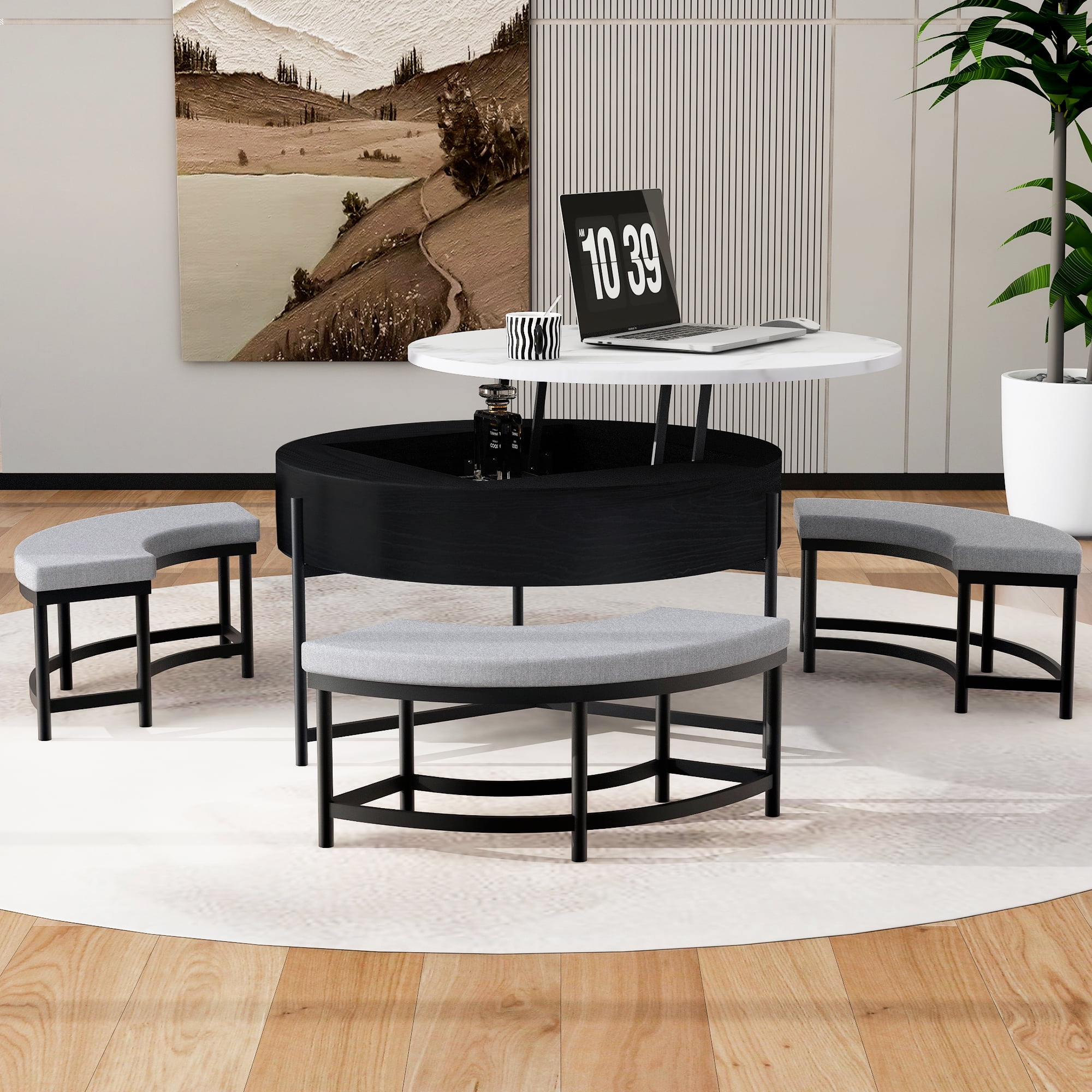 Harper & Bright Designs Round Lift-Top Coffee Table with Ottomans and Storage, Gold Center Table Set with Stools Underneath for Living Room, White & Black
