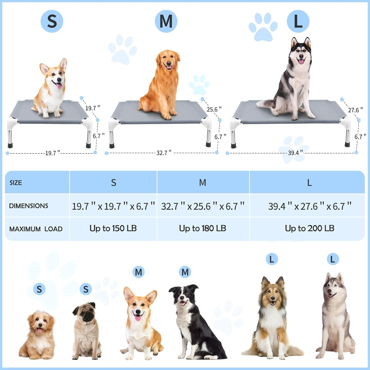 Elevated Cooling Dog Bed, Raised Outdoor Dog Bed for Medium Dogs, Portable Pet Cots with No-Slip Rubber Feet, Double Layer Polyester Cotton