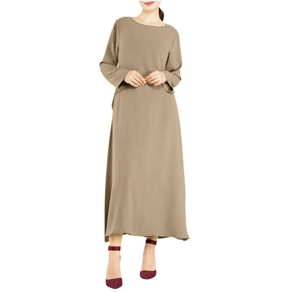 Blczomt Maxi Womens Holiday Dresses 2025 Beige Long Sleeve Casual Plain Dress Formal Crewneck Dressy Dresses