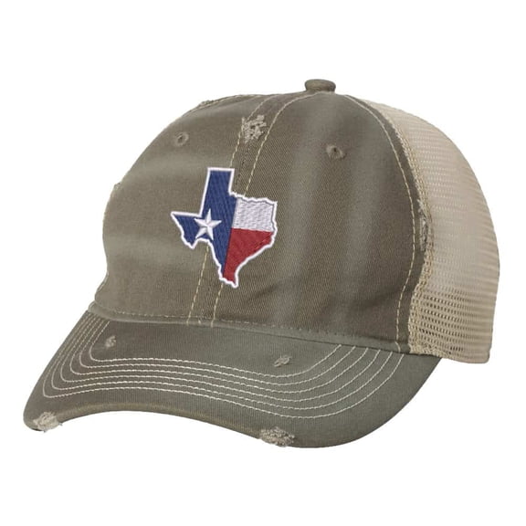 Texas State Hat - Distressed Flag Design - Vintage Lone Star Trucker Strapback Cap (Olive)