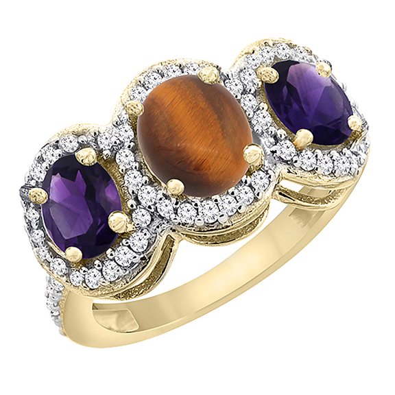 14K Yellow Gold Natural Tiger Eye & Amethyst 3-Stone Ring Oval Diamond Accent, size 7