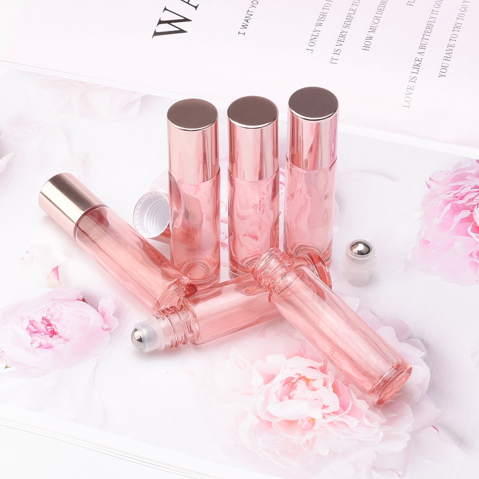 Glass Roll on Bottles 33Pcs 10ml Bright Rose Gold Roller Bottles Vials for Perfumes Aromatherapy Essential Oils Lip Balm Liquid, Accessories include