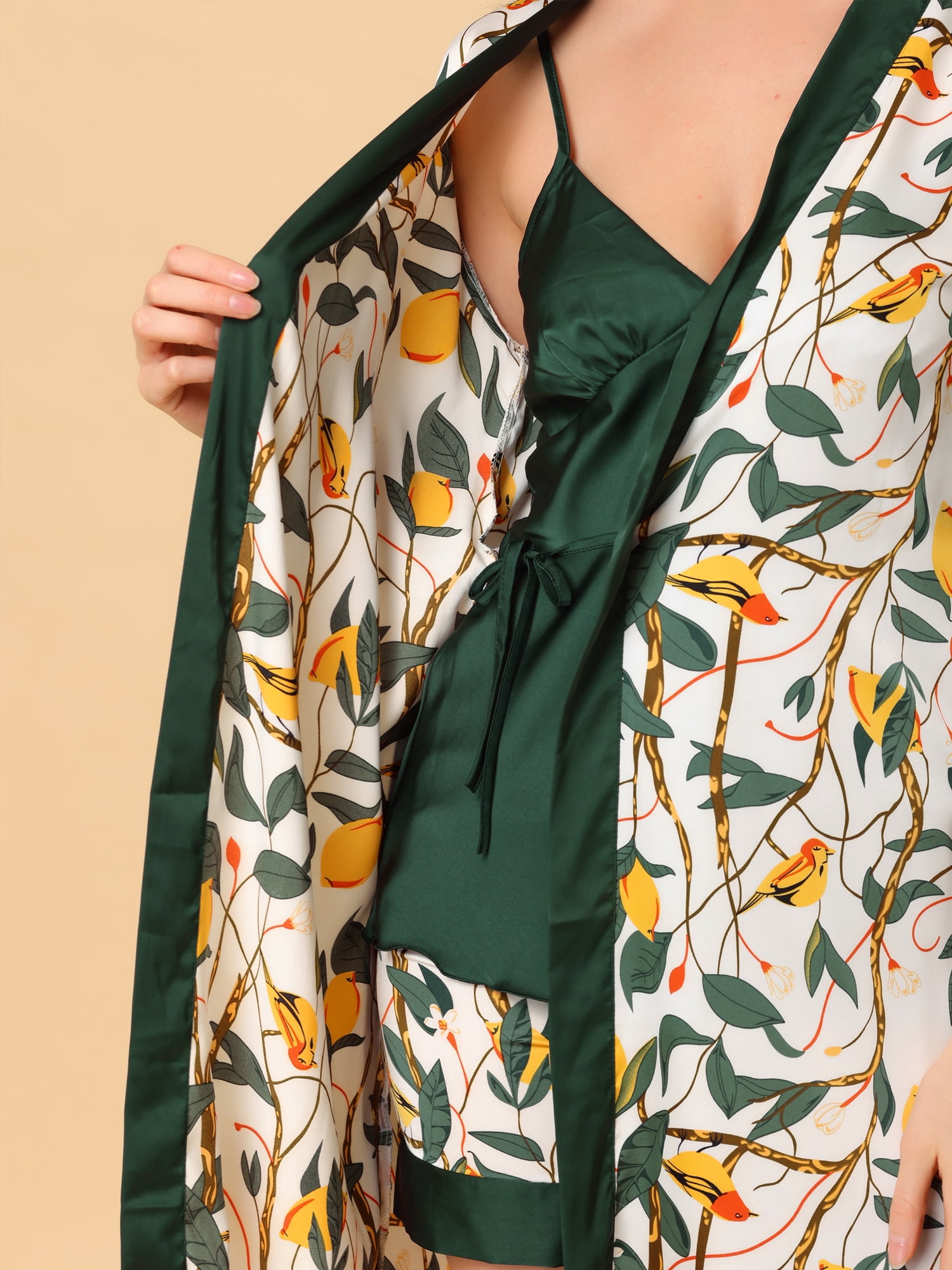 Unique Bargains Women's 4pcs Pajama Set Silk Cami Top Nightdress Robe Floral Satin Sets XS Green