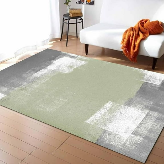 Gray Sage Green Oil Painting Area Rugs, Gray And White Color Block Splicing Floor Rug, With Anti-Slip Backing Washable Indoor Carpet For Living Room Bedroom Study Dining Room 1x2ft