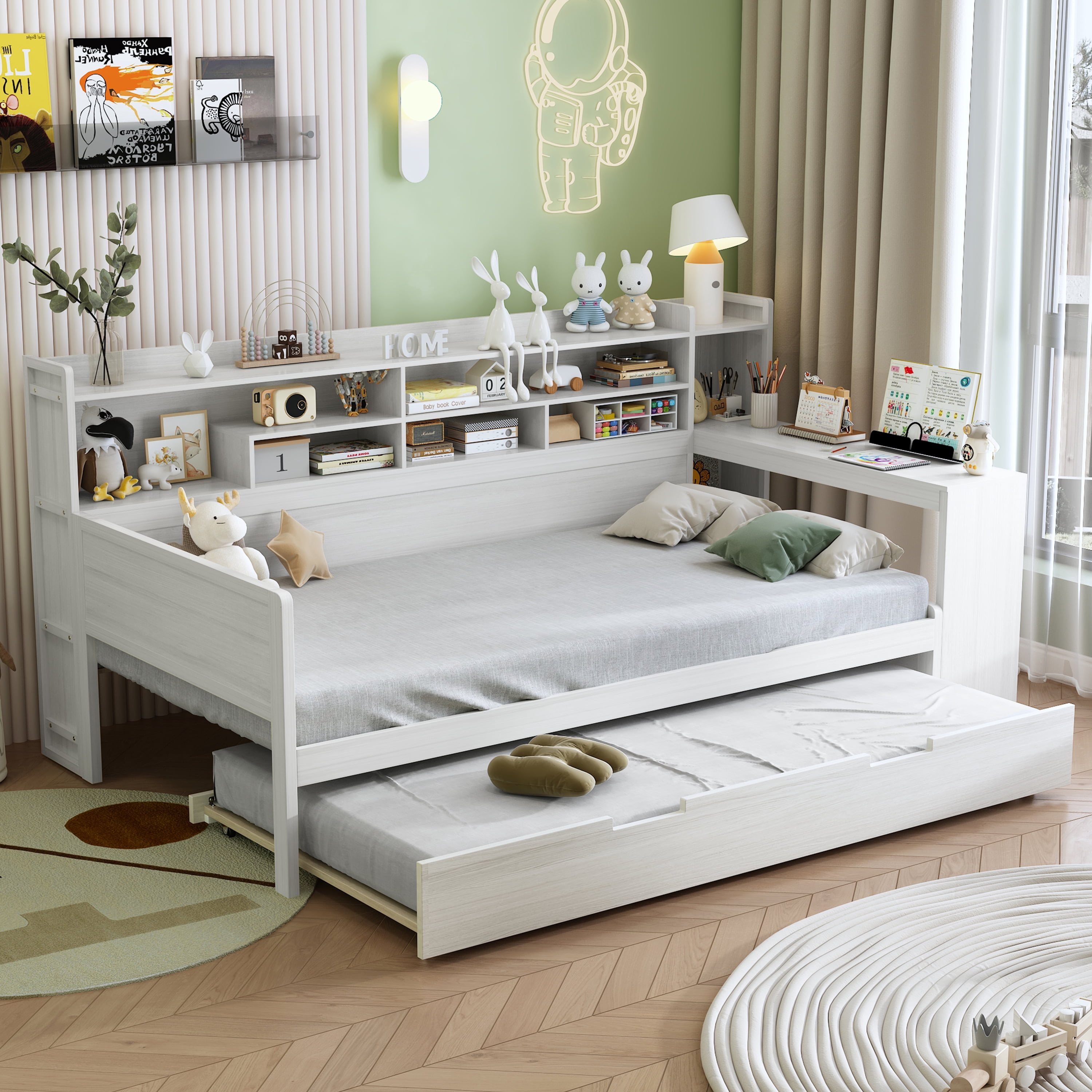 Euroco Wood Twin Size Daybed with Trundle, Storage Captain Bed with Desk and Shelves, Twin