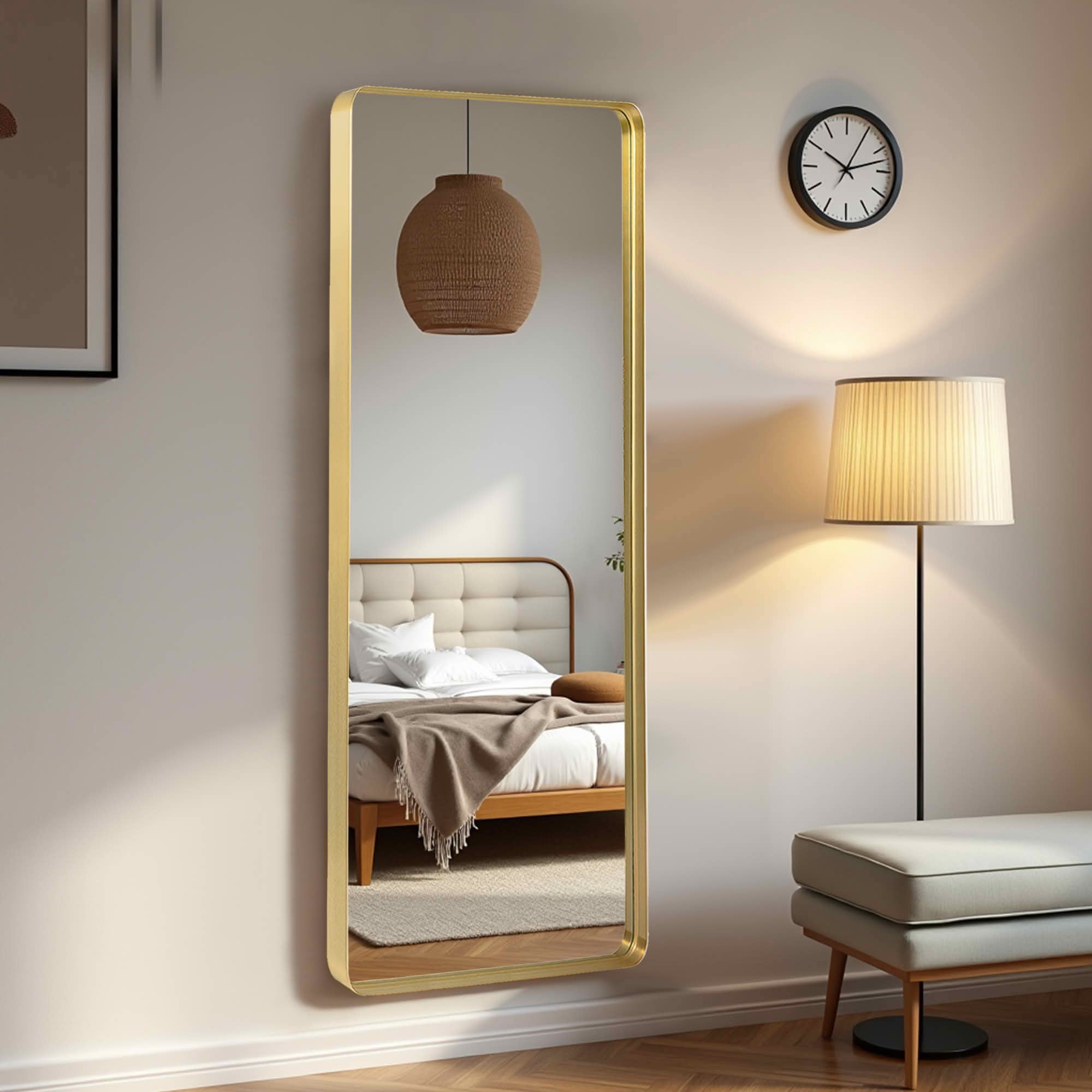 MAYEERTY 64x21x2 Inch Gold Imitation Electroplated Aluminum Round Corner Rectangular Full Length Mirror, Deep, No Stand for Bedroom