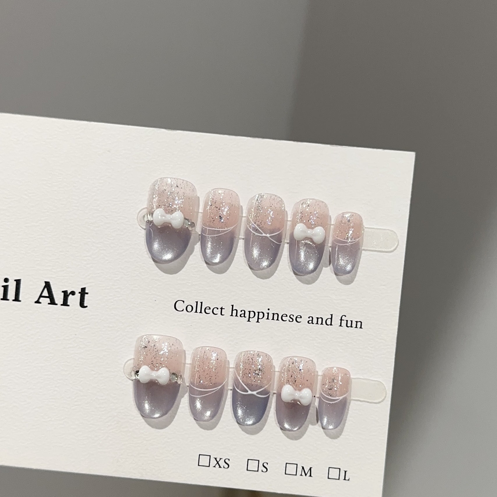 Purely handmade wearing nail high-end purple cat eye short nail art piece light luxury white bow fake nail patch