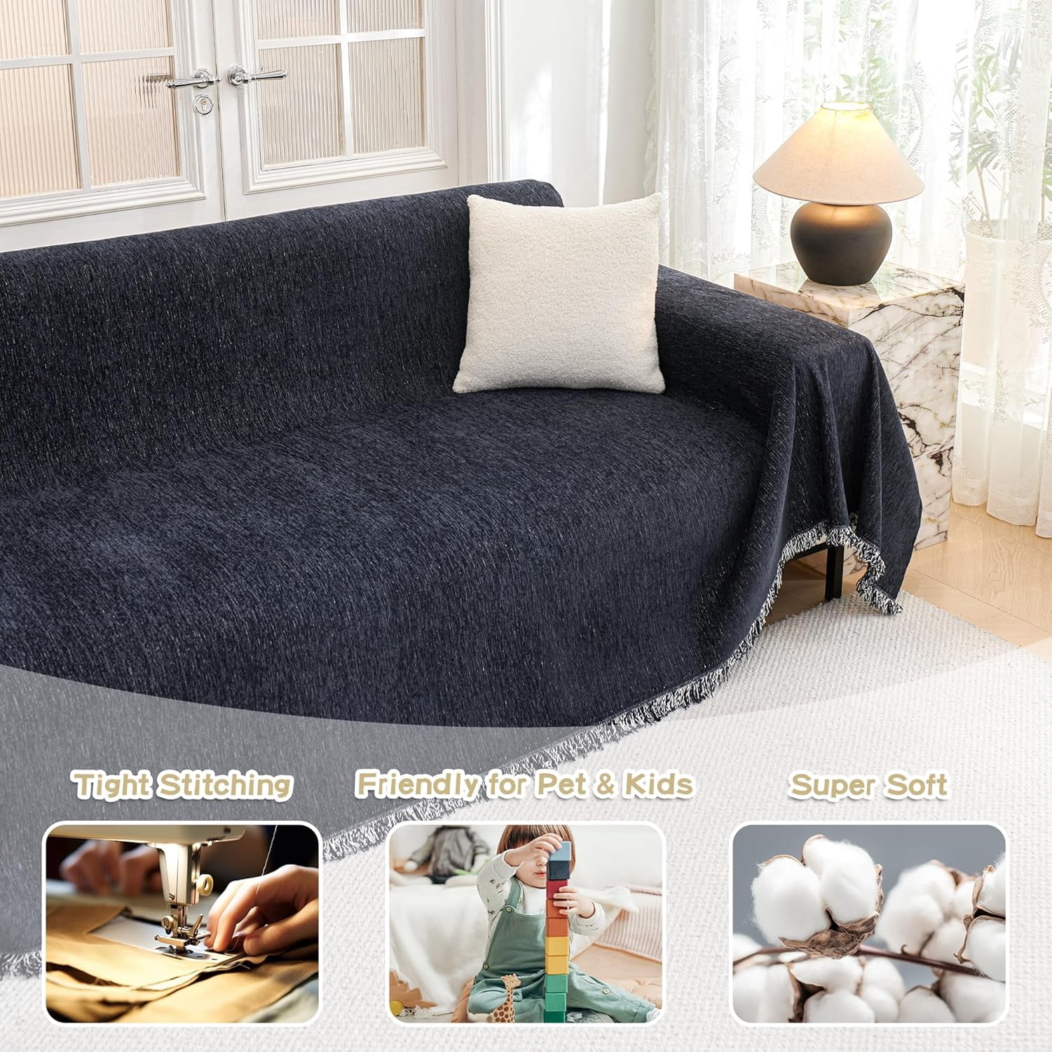 Sectional Cover Couch, Couch Cover for Dogs, Washable Couch Covers for 3 Cushion Couch Sofa, Super Soft Chenille Sofa Slipcover, Non Slip, Furniture Protector, 91"x134", Navy Blue