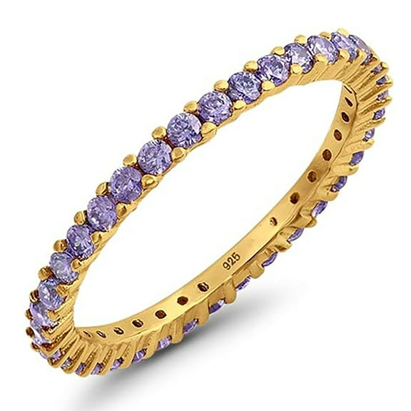 Round 2 mm Purple Amethyst Full Eternity Band Ring Stackable Ring 925 Sterling Silver Yellow Gold Plated Gemstone Jewelry For Women Gift