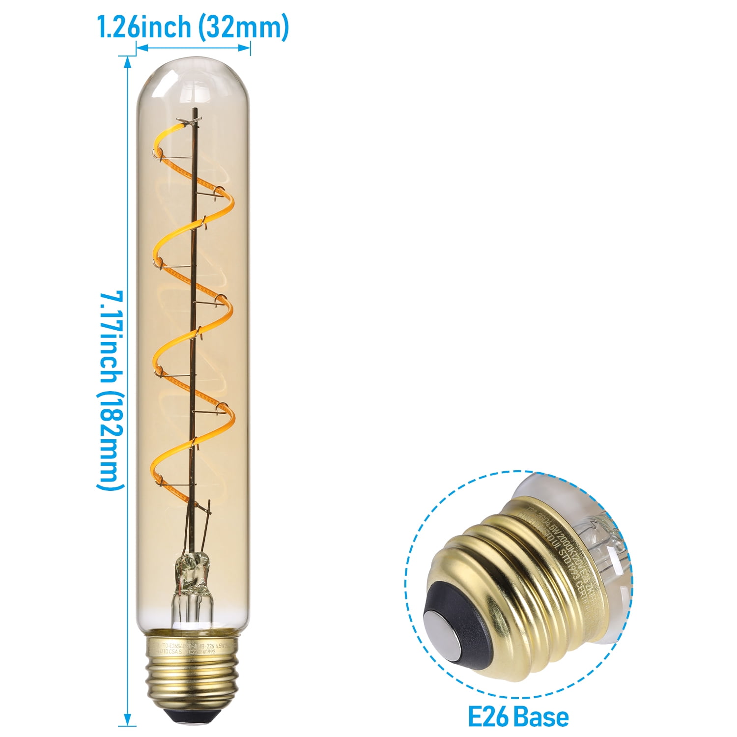 8 Pack LED Vintage Spiral Filament Bulb T10, 4.5W 7.17" Tubular Edison Light Bulbs, E26 Base, Dimmable Decorative Bulb, Amber Glass, 2000K Soft Warm, ETL/FCC