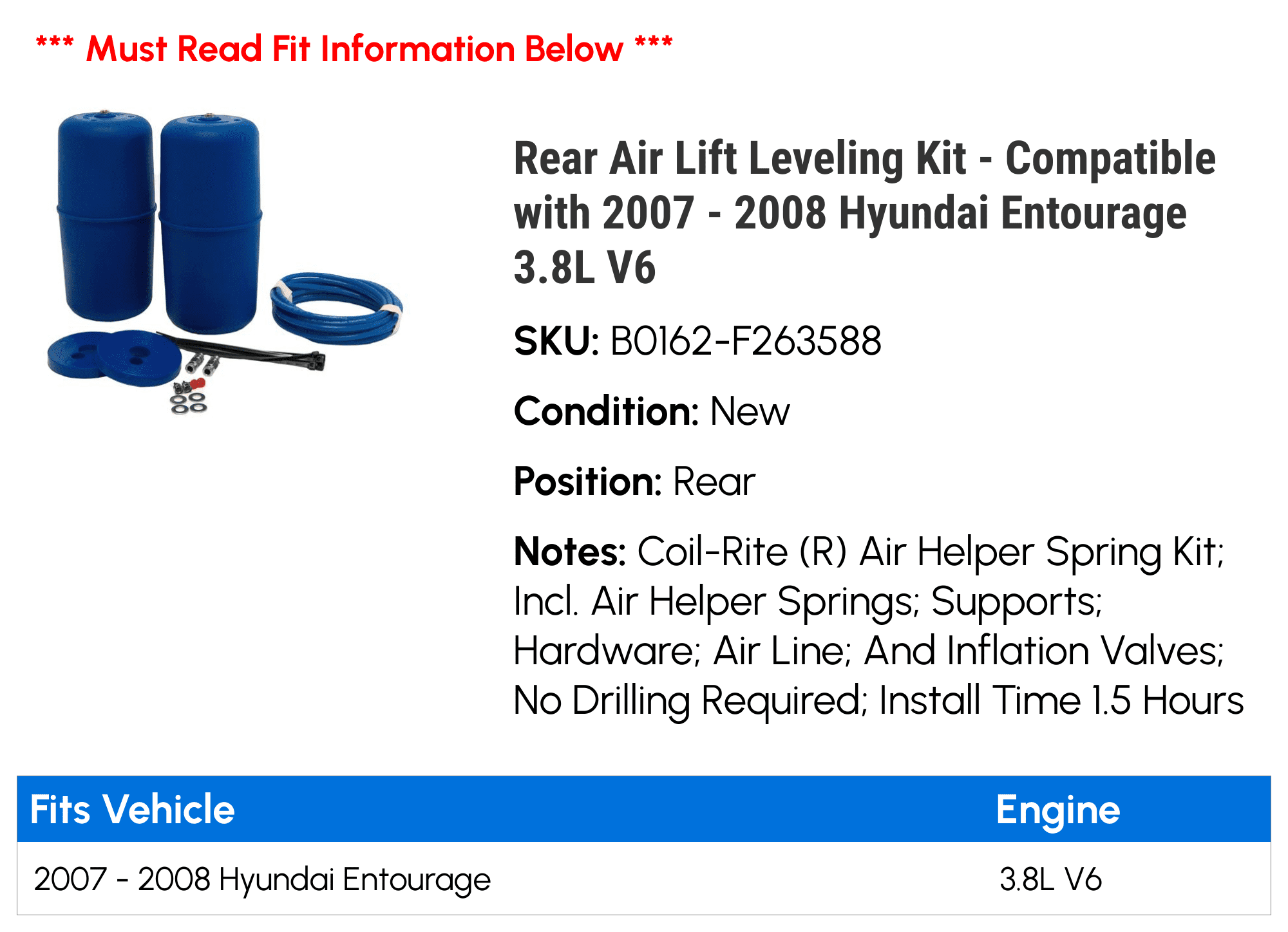 Rear Air Lift Leveling Kit - Compatible with 2007 - 2008 Hyundai Entourage 3.8L V6