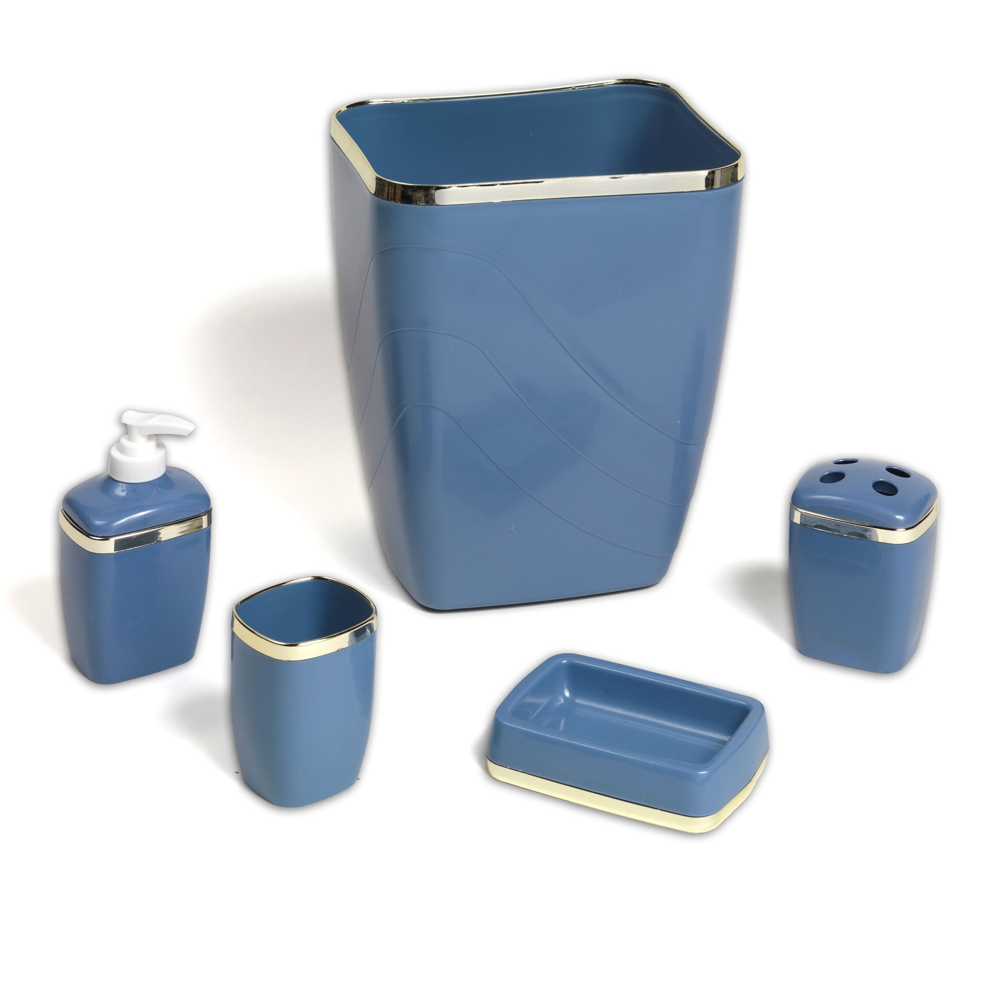 5 Piece Bath Bathroom Accessory Set Wastebasket Soap Dish Slate w/ Gold