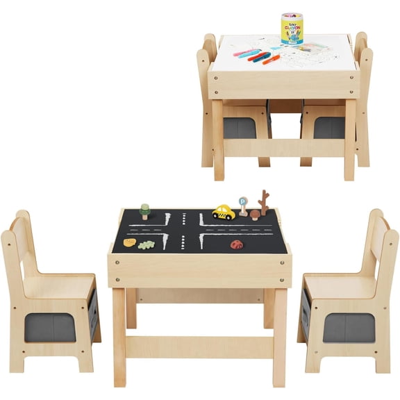 3 in1  Table and Chairs Ages 3-7, Montessori Toddler Table and Chair Set with Versatile Tabletop and Storage Drawer,  Activity Desk for Home, Nursery and Playroom
