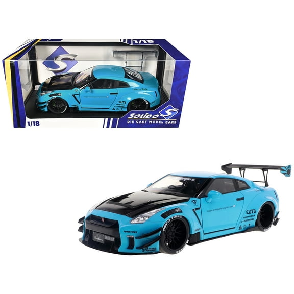 2023 Nissan GT-R (R35) Liberty Walk Body Kit 2.0 RHD Baby Blue with Carbon Hood 1/18 Diecast Model Car by Solido