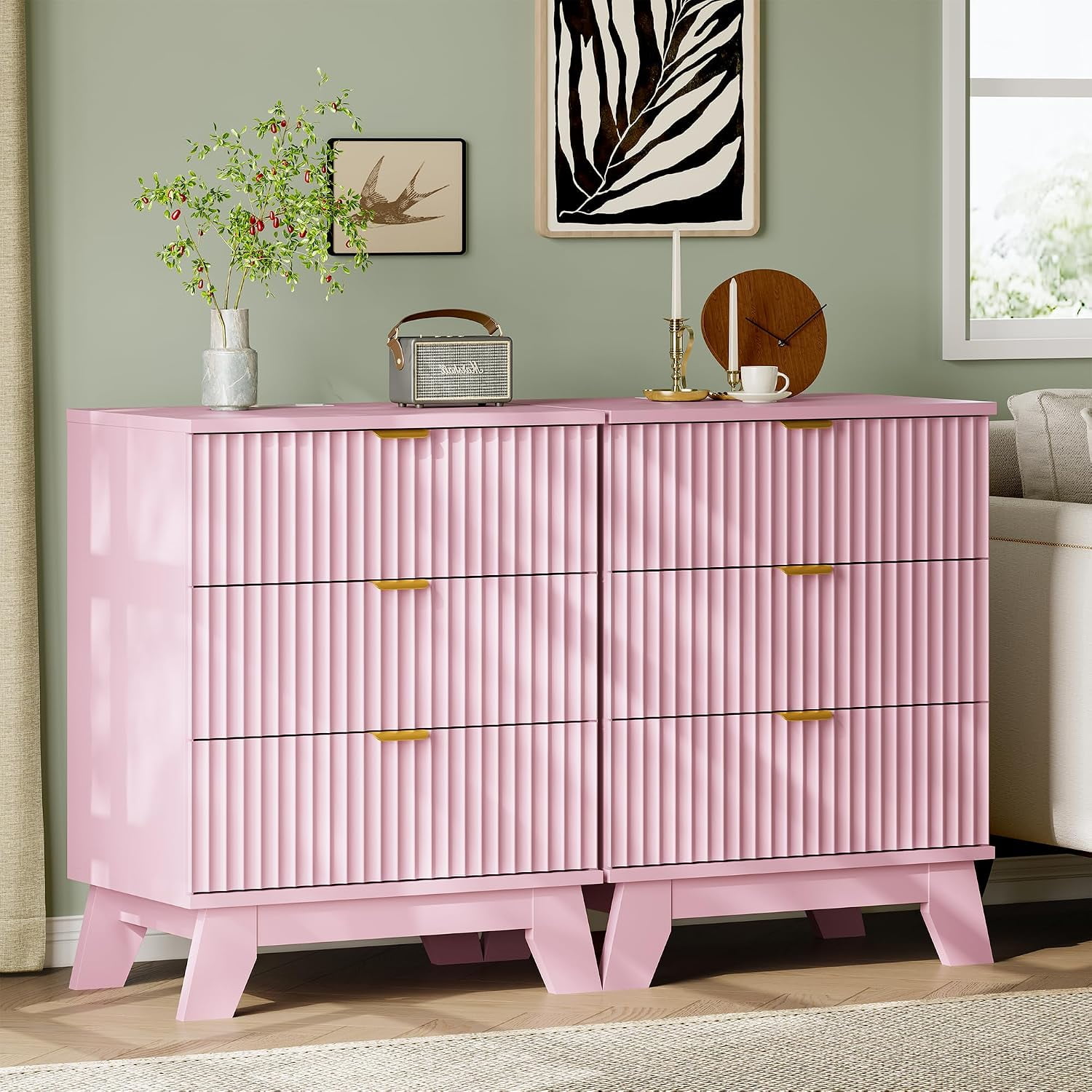 FANRAL Set of 2 Fluted Nightstands with Charging Station Modern Bedside Tables with Drawers Wood End Tables for Bedroom Living Room Pink Night Stand
