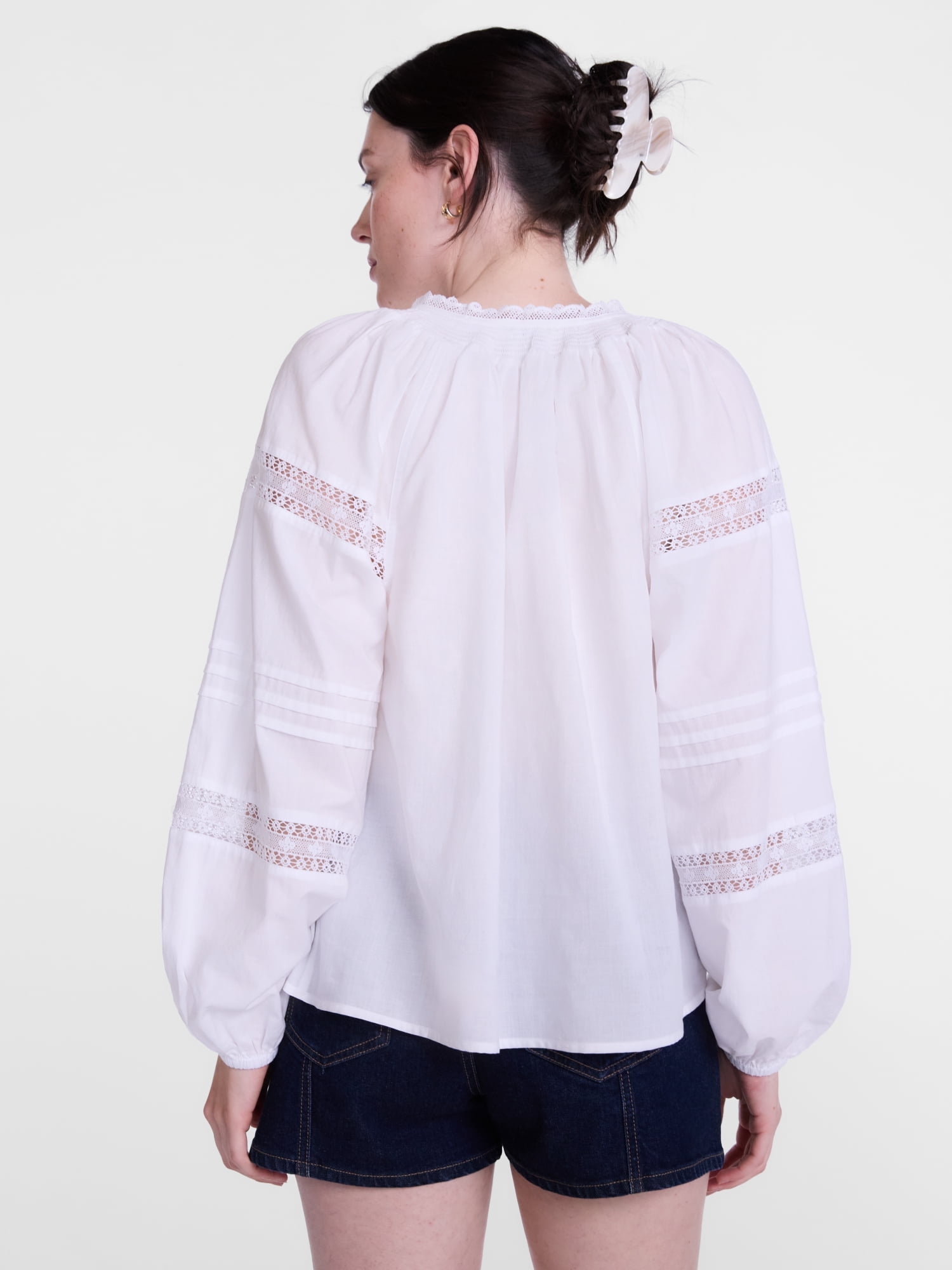 Scenario Women's and Women's Plus Smocked Neck Top with Lace Inserts, Sizes XS-4X
