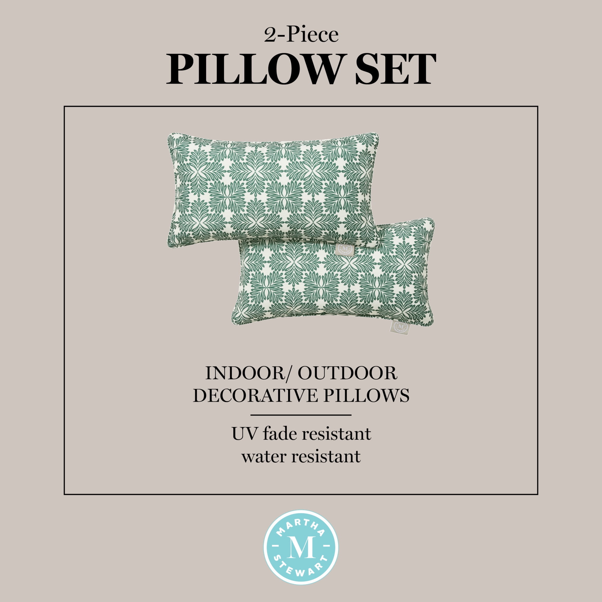 MARTHA STEWART Tulum Indoor Outdoor Decorative Lumbar Pillow 2-Pack Set, UV Fade Resistant, Water Repellent, Printed Modern Design, Green, 11"x18"