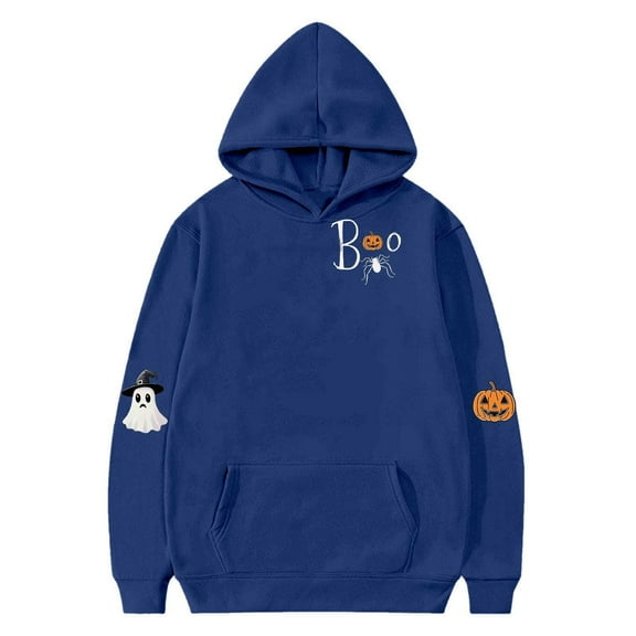 SERTG Kids Halloween Print Hooded Sweatshirt Fashion Loose Casual Printed Long Sleeved with Pockets Top for Children 2-13 Years(Dark Blue,2-3 Years)