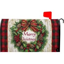 Merry Christmas Mailbox Covers Magnetic Standard Size 21 x 18 Inch Xmas Wreath Red Green Buffalo Plaid Seasonal Holiday Mailbox Wraps Post Letter Box Cover for Garden Yard Decor