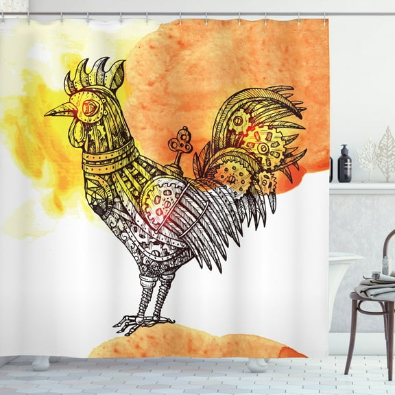 Steampunk Shower Curtain, Retro Illustration of Mechanical Rooster in Sketch and Watercolor Style, Fabric Bathroom Set with Hooks, 69W X 70L Inches, Yellow Orange Brown, by Ambesonne