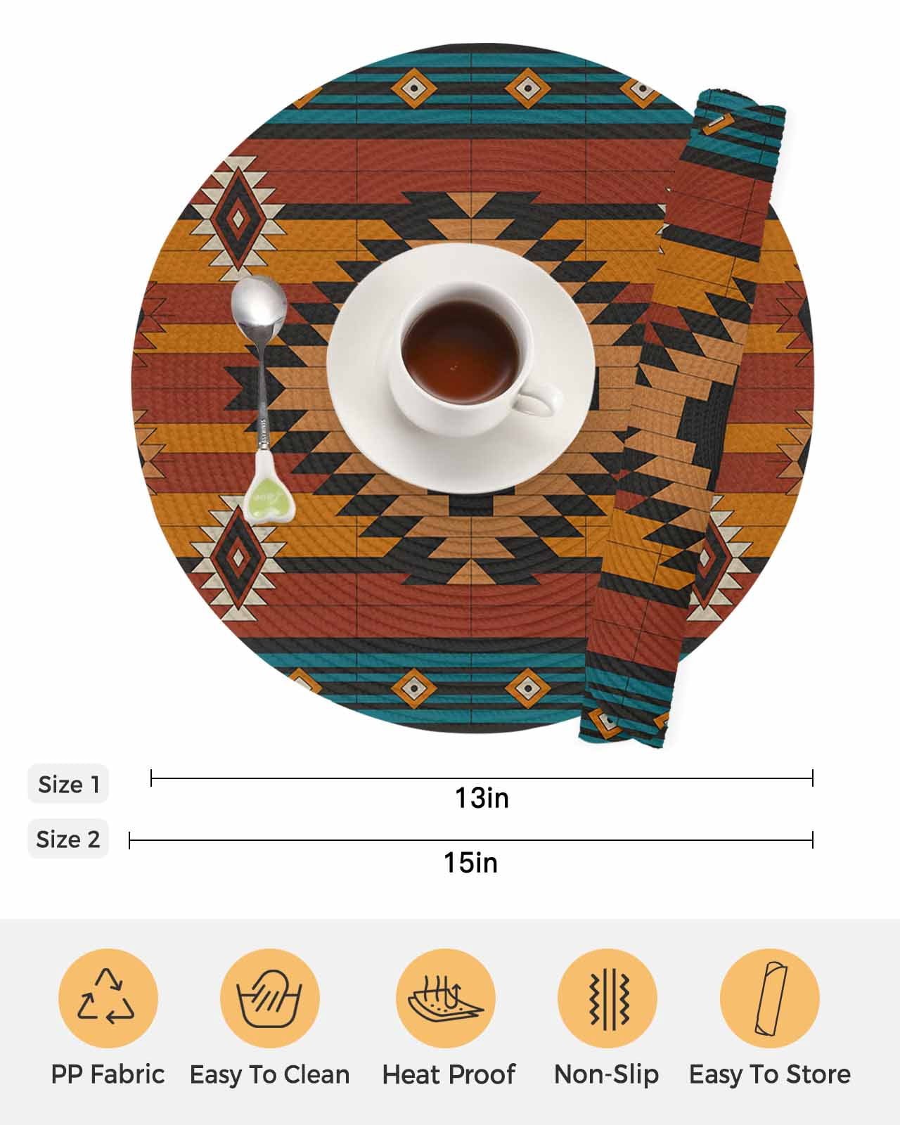 Aztec Southwest Round Placemats Set of 8 for Dinning Tables,Heat-proof Braided Table Mats 13 Inch,Vintage Geometric Farmhouse Art Washable Place Mat for Kitchen Restaurant Party Decor Table Setting
