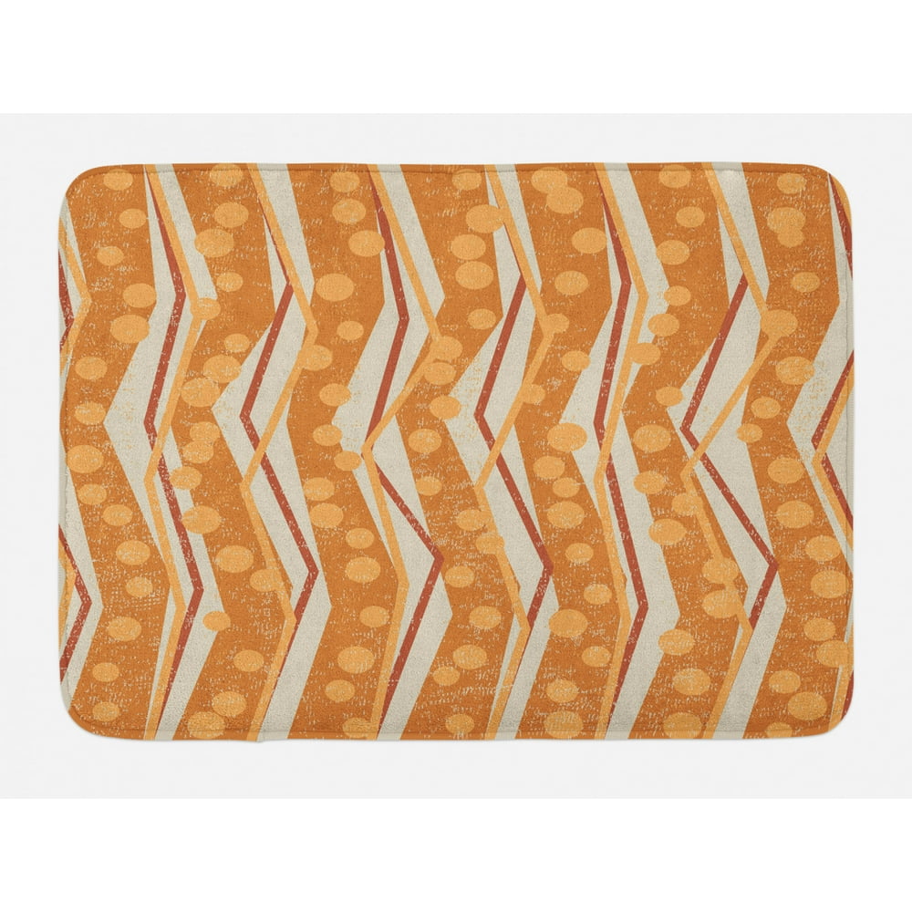 Burnt Orange Bath Mat, Chevron Zigzags Pattern with Stripe and Dots