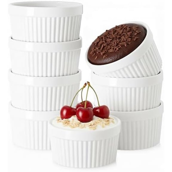 Ramekins 6 OZ Small Bowls,  8 PCS Creme Brulee Ramekin for Baking and Cooking, Sleek Porcelain Ramikins Oven Safe for Pudding, Sauce, Ice Cream Bowls, Custard Cups, Dessert Cups