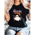 thumbnail image 1 of Camiseta de cuello redondo de Halloween con vibraciones espeluznantes: tejido informal de algodón con elastano, elasticidad media, manga corta, top de moda para mujer para todas las estaciones, top de, 1 of 6
