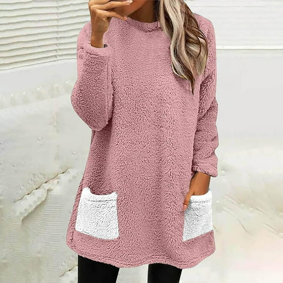 Clearance Sale! Rigardu Womens Pullover 2024 Fuzzy Sweatshirts Oversized Thermal Sweaters with Pockets Winter Clothes Pink L