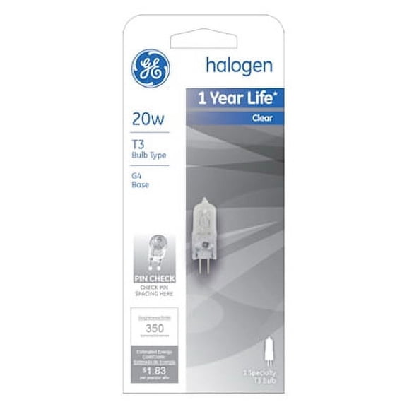 GE, Q20T3/CL/CD, 20W, T3 Bulb Shape, 2 Pin Quartz Halogen Lamp, G4 Bas, Each