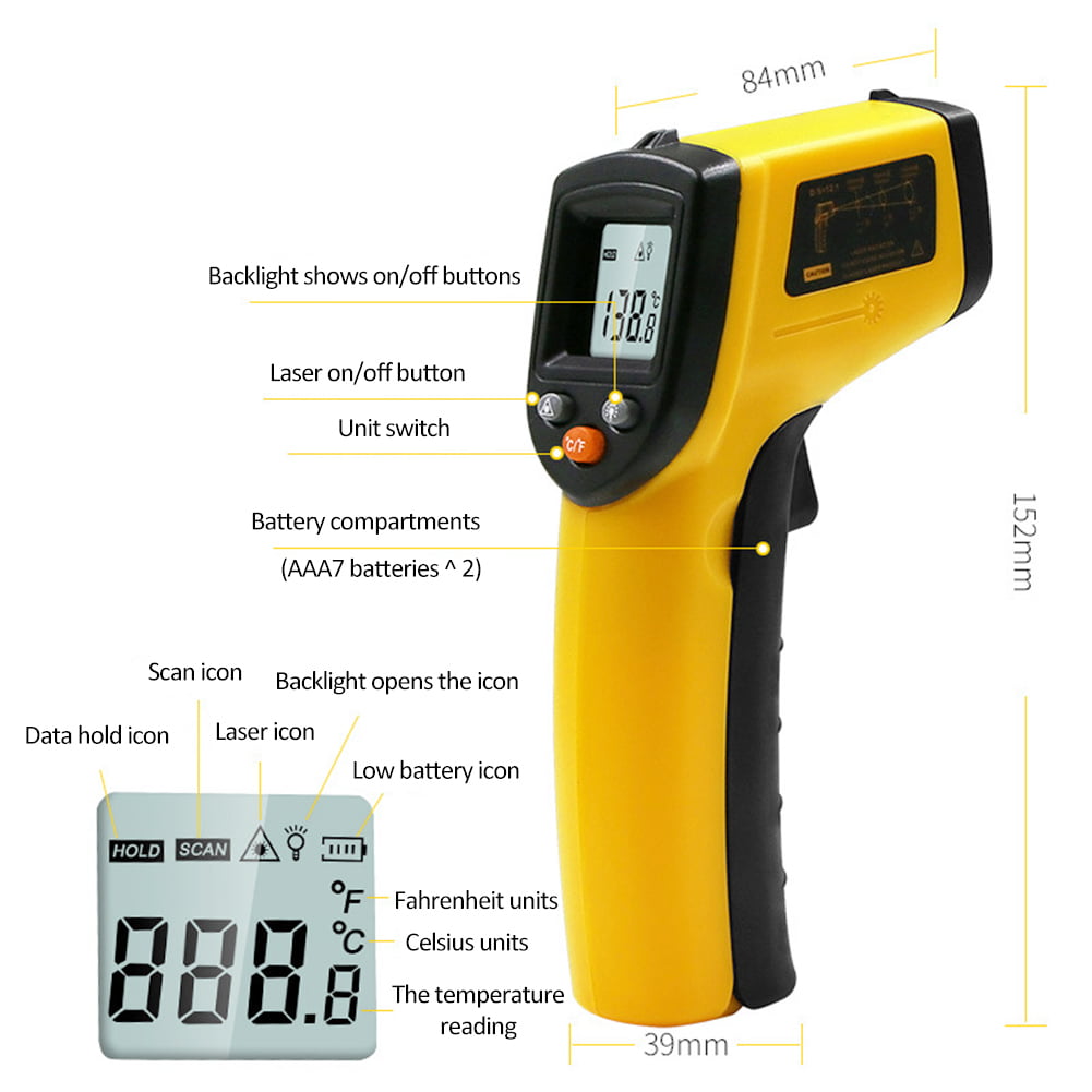 Industrial Handheld Pyrometer Meter Digital Temperature Gun IR Infrared  Thermometer Non-Contact Thermal Heat Sensor