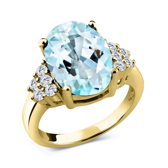 Gem Stone King 18K Yellow Gold Plated Silver Ring Oval Sky Blue Topaz and Moissanite (6.56 Cttw, Size 6)