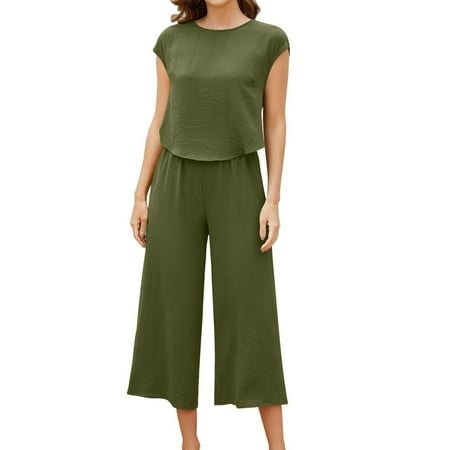 

YanHoo Women s 2 Piece Elegant Outfits Ladies Workout Formal Suit Short Sleeve Round Neck Blouse and Wide Leg Capris Pants