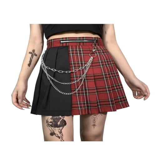 Women Pleated Skirt Short Mini Frill A-line with Chain Punk Gothic Party  Fashion