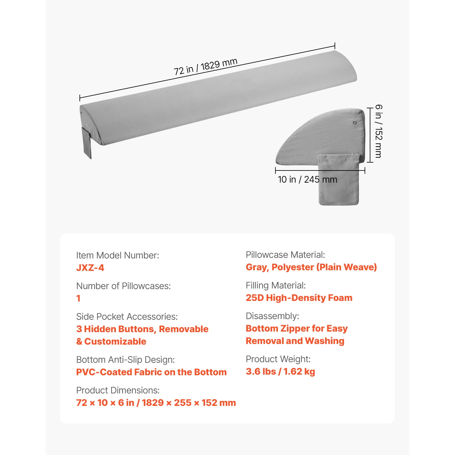 KFFKFF King Size Bed Wedge Pillow, 72"x10"x6" Gap Filler for Headboard, Adjustable Foam Pillow to Fill 0-7" Gap Between Mattress and Headboard, Includes Side Pocket, Gray